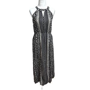 Maxi Dress Womens L Black White Boho Chic Global-Print Tribal Halter‎ Flowy